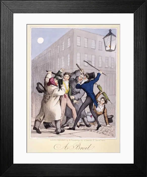 Framed Print : View of a street fight scene at night, City of Westminster, London, 1822 Framed Print : View of a street fight scene at night, City of Westminster, London, 1822