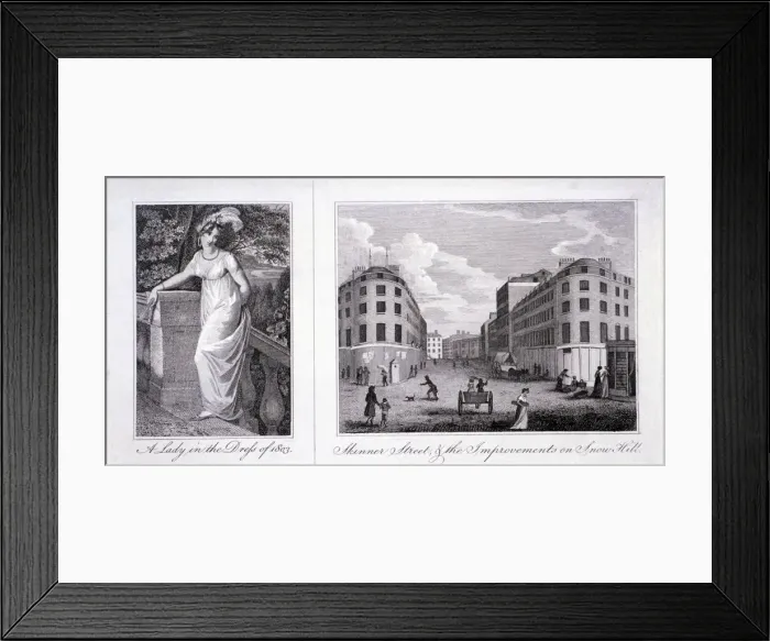 Framed Print : Woman in a dress and London street scene, 1803 Framed Print : Woman in a dress and London street scene, 1803
