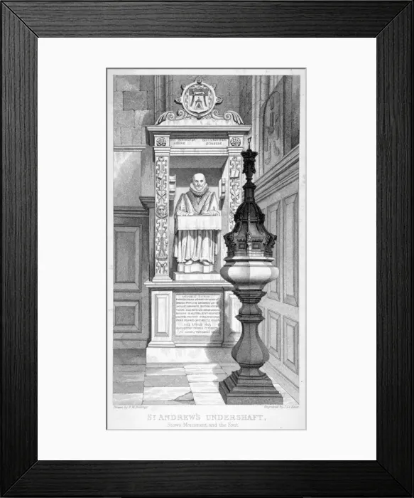 Framed Print : Monument to John Stow and font in St Andrew Undershaft, 1837 Framed Print : Monument to John Stow and font in St Andrew Undershaft, 1837