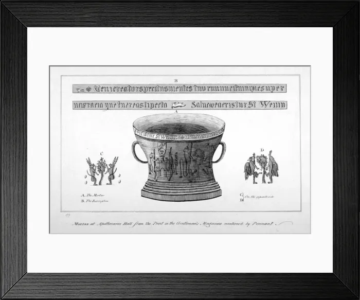 Framed Print : Depiction of a mortar from the Apothecaries Hall, including inscription, 1789. Artist Framed Print : Depiction of a mortar from the Apothecaries Hall, including inscription, 1789. Artist
