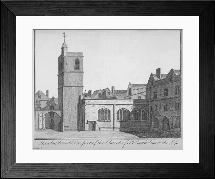 Framed Print : South-west view of the Church of St Bartholomew-the-Less, City of London, 1750. Artist Framed Print : South-west view of the Church of St Bartholomew-the-Less, City of London, 1750. Artist