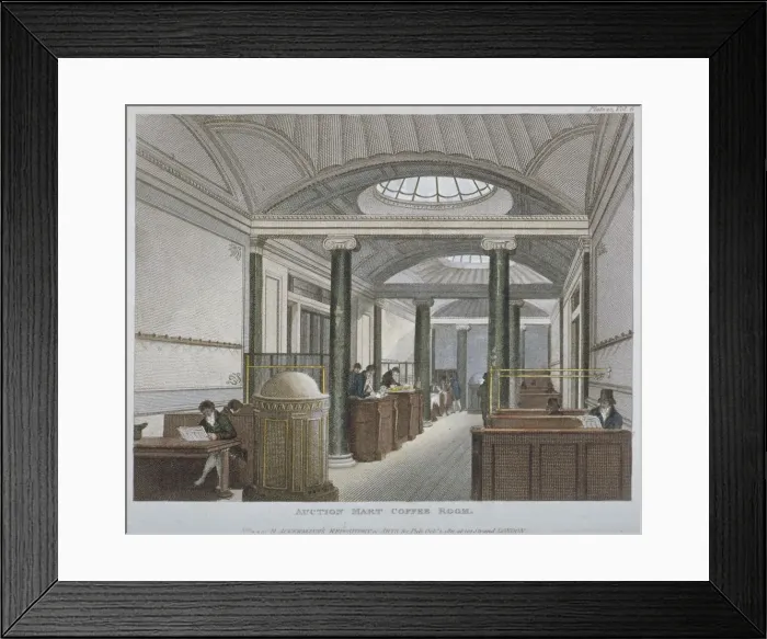 Framed Print : Interior view of the coffee room at the Auction Mart, Bartholomew Lane, City of London, 1811 Framed Print : Interior view of the coffee room at the Auction Mart, Bartholomew Lane, City of London, 1811