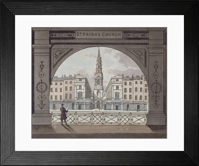Framed Print : View of St Brides Church, Fleet Street, through an archway, City of London, 1820 Framed Print : View of St Brides Church, Fleet Street, through an archway, City of London, 1820