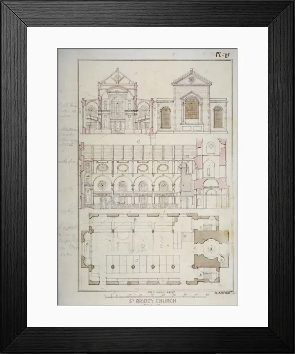 Framed Print : Section, elevation and ground plan of St Brides Church, Fleet Street, City of London, 1840 Framed Print : Section, elevation and ground plan of St Brides Church, Fleet Street, City of London, 1840