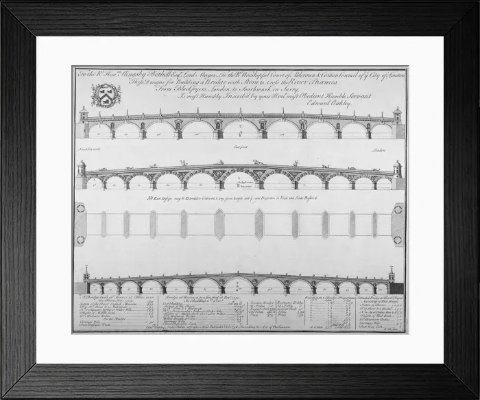 Framed Print : Three designs by Edward Oakley for Blackfriars Bridge, 1756. Artist: Benjamin Cole Framed Print : Three designs by Edward Oakley for Blackfriars Bridge, 1756. Artist: Benjamin Cole