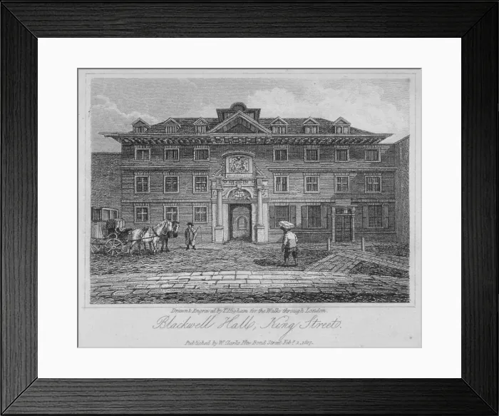 Framed Print : View of Blackwell Hall on King Street with carriage and figures, City of London, 1817 Framed Print : View of Blackwell Hall on King Street with carriage and figures, City of London, 1817