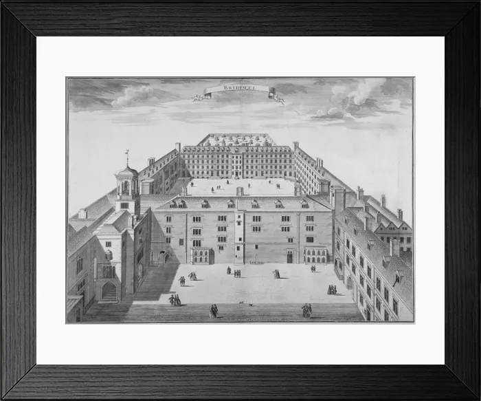 Framed Print : Bird s-eye view of Bridewell with figures walking in the quadrangle, City of London, 1750 Framed Print : Bird s-eye view of Bridewell with figures walking in the quadrangle, City of London, 1750