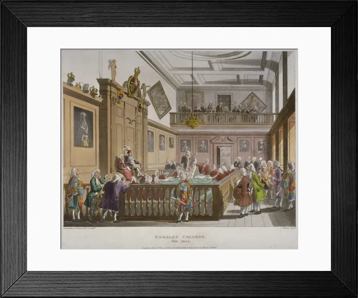 Framed Print : Interior view of the College of Arms Hall with figures engaged in discussion, City of London Framed Print : Interior view of the College of Arms Hall with figures engaged in discussion, City of London