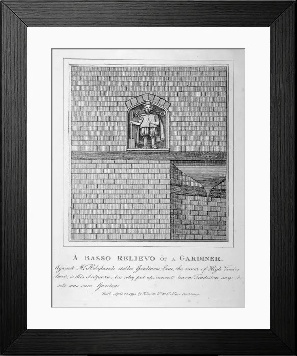 Framed Print : Bas relief of a gardener, Gardners Lane, City of London, 1791 Framed Print : Bas relief of a gardener, Gardners Lane, City of London, 1791