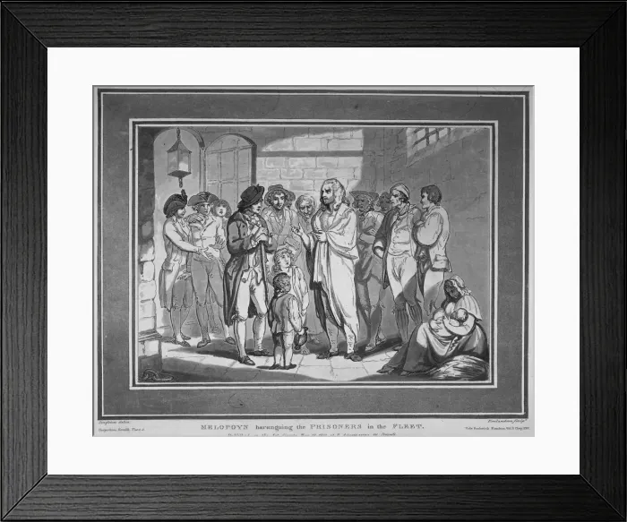 Framed Print : Melopoyn haranguing the prisoners in the Fleet, 1800. Artist: Thomas Rowlandson Framed Print : Melopoyn haranguing the prisoners in the Fleet, 1800. Artist: Thomas Rowlandson
