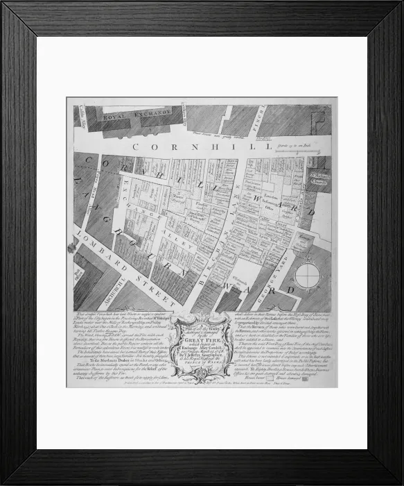 Framed Print : Plan of buildings destroyed in Cornhill by fire which began in Exchange Alley March 25th, 1748 Framed Print : Plan of buildings destroyed in Cornhill by fire which began in Exchange Alley March 25th, 1748