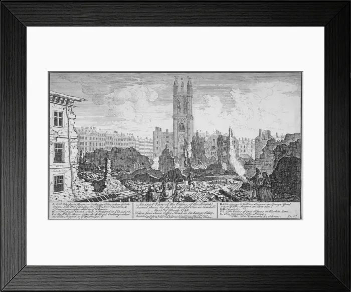 Framed Print : Ruins of houses burnt down in a fire in Cornhill, City of London, 25 March, 1748 Framed Print : Ruins of houses burnt down in a fire in Cornhill, City of London, 25 March, 1748
