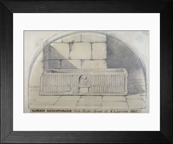 Framed Print : Roman marble sarcophagus found at Clapton in 1867, carved with a medallion relief of figure, 1872 Framed Print : Roman marble sarcophagus found at Clapton in 1867, carved with a medallion relief of figure, 1872