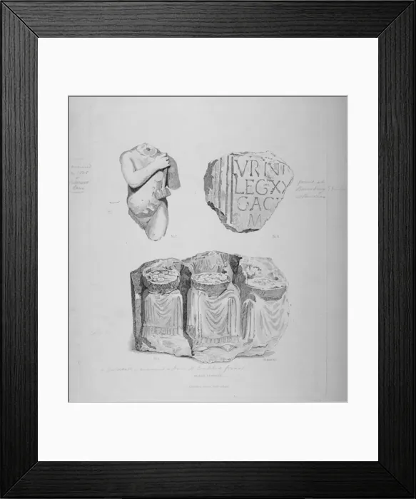 Framed Print : Remains of two Roman statues and an inscription on stone, 1850 Framed Print : Remains of two Roman statues and an inscription on stone, 1850
