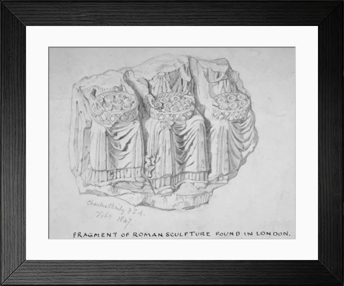 Framed Print : Fragment of Roman sculpture found in Hart Street, Crutched Friars, City of London, 1847 Framed Print : Fragment of Roman sculpture found in Hart Street, Crutched Friars, City of London, 1847