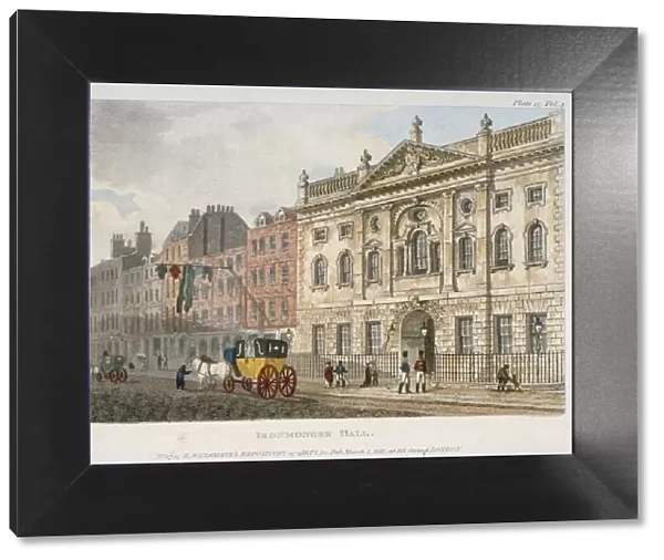 View of Ironmongers Hall and people and a coach in Fenchurch Street, City of London, 1811
