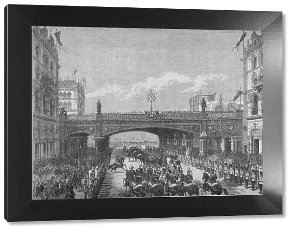 A procession in Farringdon Street passing under Holborn Viaduct, City of London, 1869