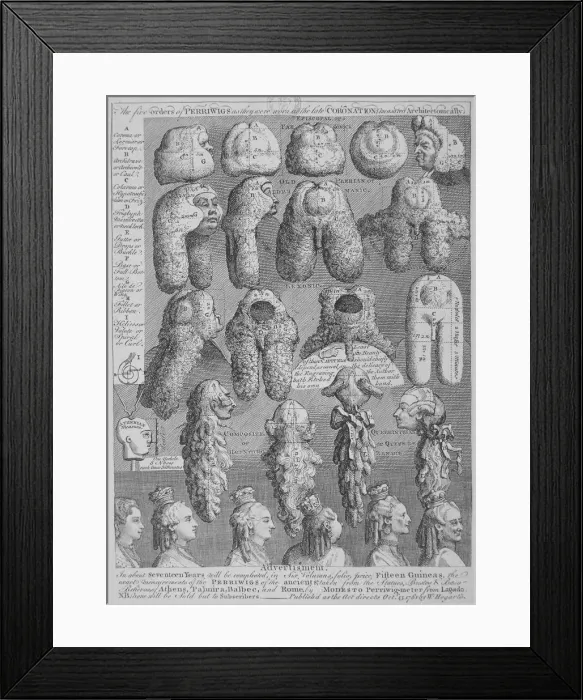 Framed Print : The five orders of perriwigs 1761. Artist: William Hogarth Framed Print : The five orders of perriwigs 1761. Artist: William Hogarth