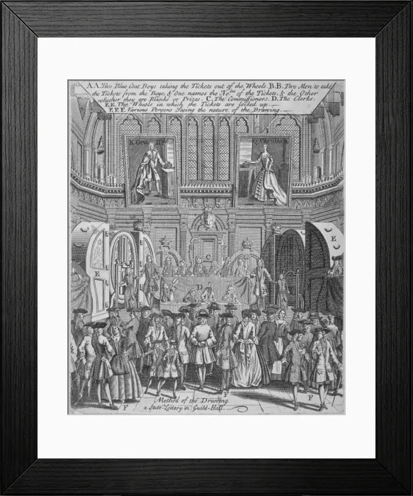 Framed Print : Drawing of the state lottery in the Guildhall, City of London, 1739 Framed Print : Drawing of the state lottery in the Guildhall, City of London, 1739