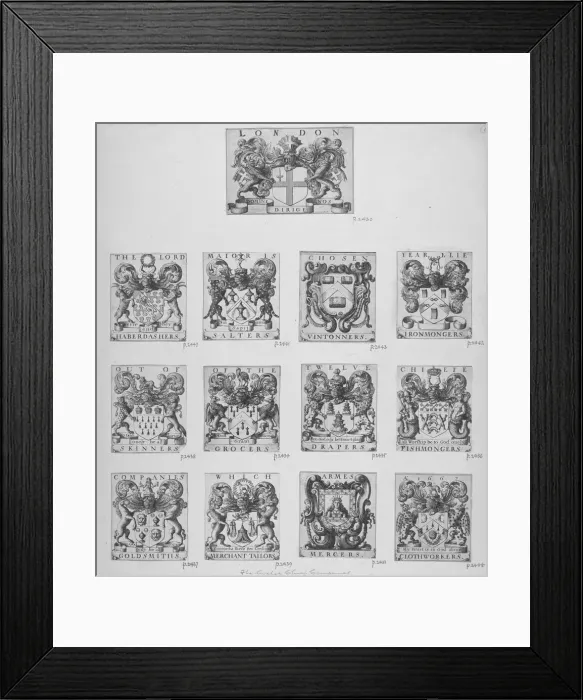 Framed Print : Arms of the twelve chief City Livery Companies surmounted by the arms of the City of London, 1667 Framed Print : Arms of the twelve chief City Livery Companies surmounted by the arms of the City of London, 1667