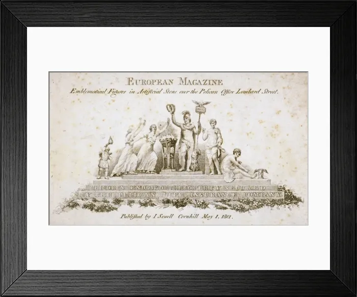 Framed Print : Emblematical figures over the Pelican Life Office, no 70 Lombard Street, City of London, 1801 Framed Print : Emblematical figures over the Pelican Life Office, no 70 Lombard Street, City of London, 1801
