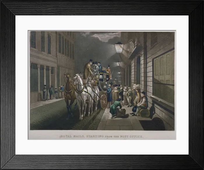 Framed Print : Mail coach outside the General Post Office, Lombard Street, City of London, 1827 Framed Print : Mail coach outside the General Post Office, Lombard Street, City of London, 1827