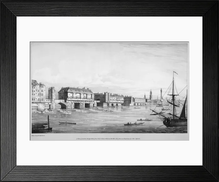Framed Print : View of London Bridge looking north from St Olaves Stairs in 1751, (1830). Artist Framed Print : View of London Bridge looking north from St Olaves Stairs in 1751, (1830). Artist