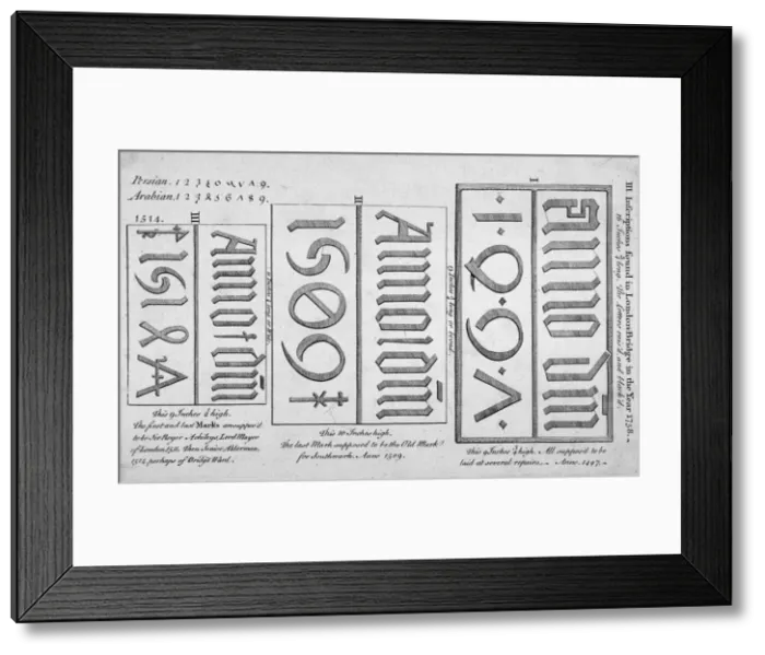 Framed Print : Stone date marks reading 1497, 1506 and 1514 from London Bridge, 1758 Framed Print : Stone date marks reading 1497, 1506 and 1514 from London Bridge, 1758