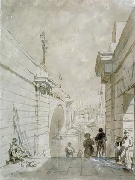 London Bridge looking north from the upper landing of steps near Tooley Street, 1833
