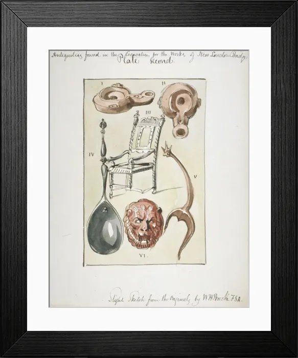 Framed Print : Antiquities found in the excavations for the works of the new London Bridge, 1825 Framed Print : Antiquities found in the excavations for the works of the new London Bridge, 1825