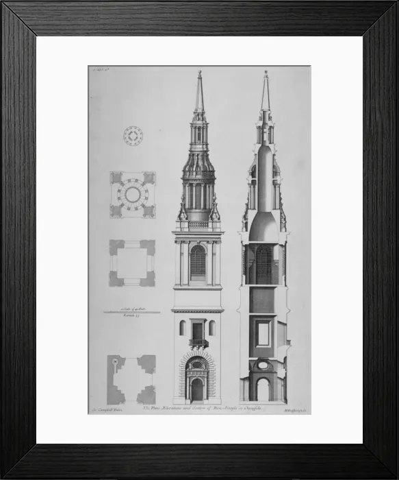 Framed Print : Plans, elevations and section of the Church of St Mary-le-Bow, Cheapside, City of London, 1725 Framed Print : Plans, elevations and section of the Church of St Mary-le-Bow, Cheapside, City of London, 1725