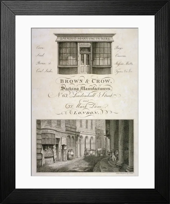 Framed Print : Shop front of Brown and Crow, sacking manufacturers, 32 Mark Lane, City of London, 1800 Framed Print : Shop front of Brown and Crow, sacking manufacturers, 32 Mark Lane, City of London, 1800
