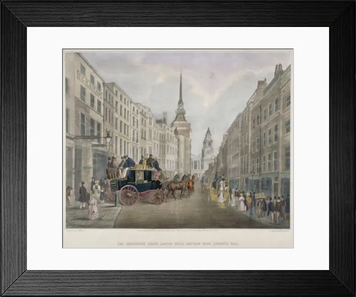 Framed Print : The Cambridge coach leaving the Nelson Inn, Belle Sauvage Yard, Ludgate Hill, London, 1818 Framed Print : The Cambridge coach leaving the Nelson Inn, Belle Sauvage Yard, Ludgate Hill, London, 1818