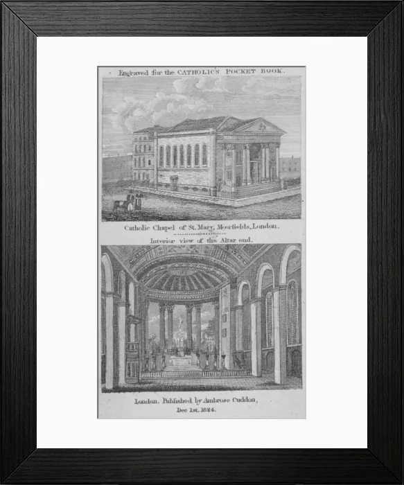 Framed Print : Two views of St Marys Roman Catholic Church, Moorfields, City of London, 1824. Artist Framed Print : Two views of St Marys Roman Catholic Church, Moorfields, City of London, 1824. Artist