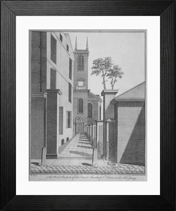 Framed Print : West prospect of the Church of St Olave Jewry from Ironmonger Lane, City of London, 1750 Framed Print : West prospect of the Church of St Olave Jewry from Ironmonger Lane, City of London, 1750