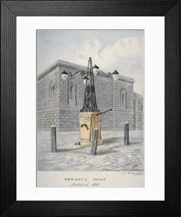 Framed Print : Newgate Pump, Old Bailey with Newgate Prison in the background, City of London, 1815 Framed Print : Newgate Pump, Old Bailey with Newgate Prison in the background, City of London, 1815
