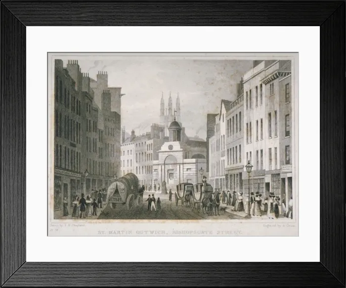 Framed Print : Church of St Martin Outwich, viewed from Bishopsgate, City of London, 1830. Artist Framed Print : Church of St Martin Outwich, viewed from Bishopsgate, City of London, 1830. Artist
