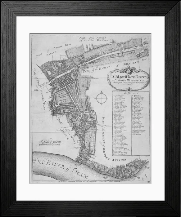 Framed Print : Map of the parishes of St Mary, Whitechapel and St John, Wapping, in Stepney, London, 1755 Framed Print : Map of the parishes of St Mary, Whitechapel and St John, Wapping, in Stepney, London, 1755