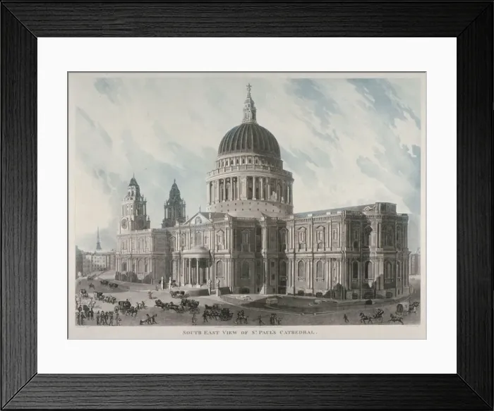 Framed Print : South-east view of St Pauls Cathedral with figures and carriages outside, City of London, 1818 Framed Print : South-east view of St Pauls Cathedral with figures and carriages outside, City of London, 1818