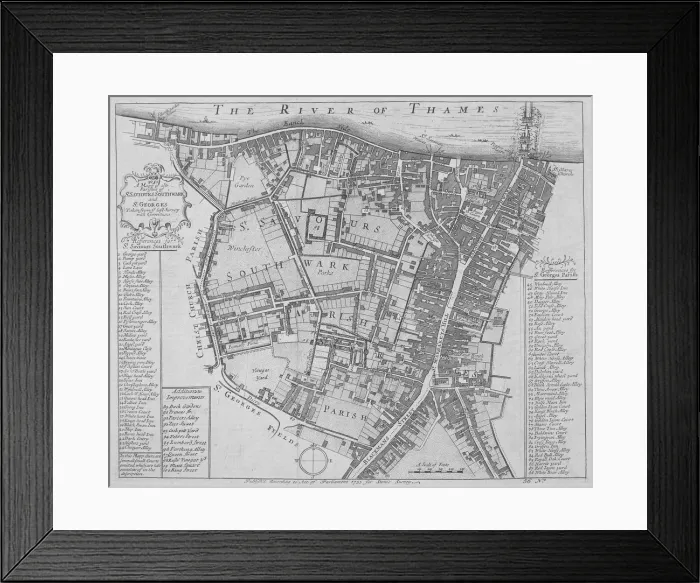Framed Print : Map of the Parishes of St Georges and St Saviours, Southwark, London, 1755. Artist Framed Print : Map of the Parishes of St Georges and St Saviours, Southwark, London, 1755. Artist