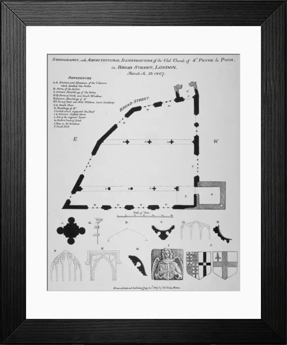 Framed Print : Iconography, architectural details and sections of the Church of St Peter-le-Poer, London, 1807 Framed Print : Iconography, architectural details and sections of the Church of St Peter-le-Poer, London, 1807