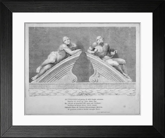 Framed Print : Sculptures outside the entrance to Old Bethlehem Hospital, Moorfields, City of London, 1783