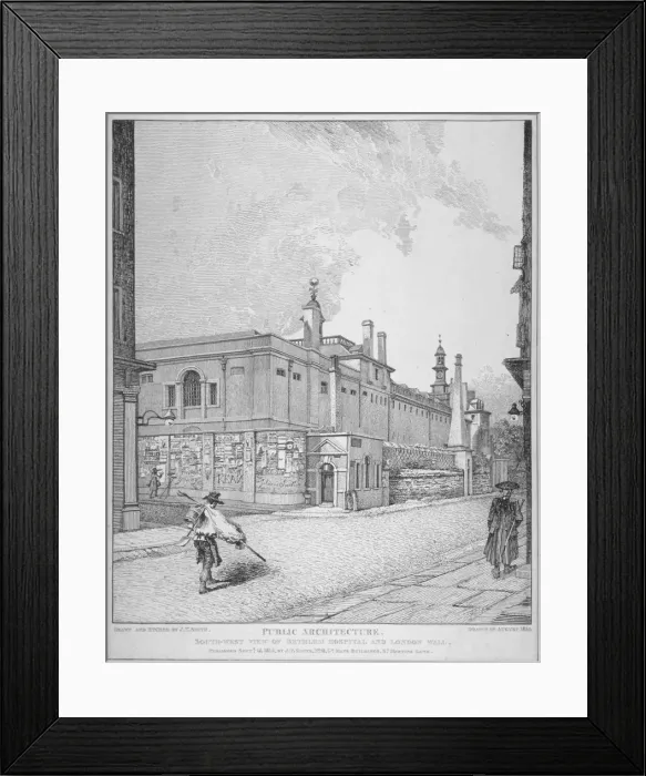 Framed Print : South-west view of Old Bethlehem Hospital, Moorfields and London Wall, City of London, 1814 Framed Print : South-west view of Old Bethlehem Hospital, Moorfields and London Wall, City of London, 1814