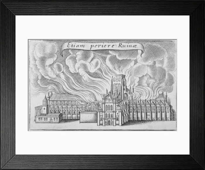 Framed Print : Old St Pauls Cathedral burning in the Great Fire of London, 1666 Framed Print : Old St Pauls Cathedral burning in the Great Fire of London, 1666