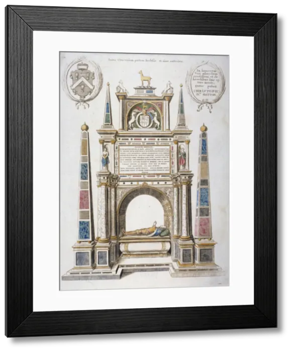 Framed Print : Monument to Sir Christopher Hatton in old St Pauls Cathedral, City of London, 1656 Framed Print : Monument to Sir Christopher Hatton in old St Pauls Cathedral, City of London, 1656