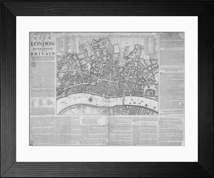 Framed Print : Map of the City of London surrounded by descriptive text, 1676 Framed Print : Map of the City of London surrounded by descriptive text, 1676