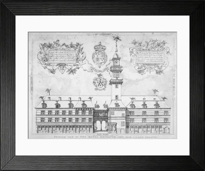 Framed Print : View of the Royal Exchange with coats of arms above, City of London, 1569 Framed Print : View of the Royal Exchange with coats of arms above, City of London, 1569