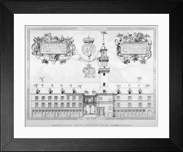 Framed Print : South view of the first Royal Exchange with coats of arms above, City of London, 1819 Framed Print : South view of the first Royal Exchange with coats of arms above, City of London, 1819