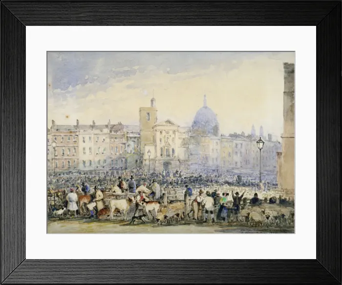 Framed Print : View of Smithfield Market with figures and animals, City of London, 1824 Framed Print : View of Smithfield Market with figures and animals, City of London, 1824