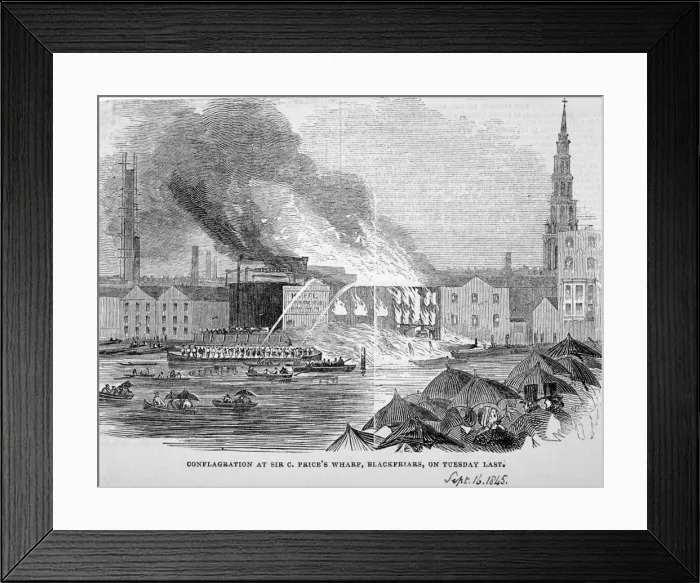 Framed Print : Destruction of Sir C Prices oil warehouse and wharf, William Street, Blackfriars, London, 1845 Framed Print : Destruction of Sir C Prices oil warehouse and wharf, William Street, Blackfriars, London, 1845